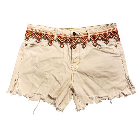 Free People Pants - FREE PEOPLE Shorts Womens 29 Beige Borderline Aztec Frayed Button Fly Embroider